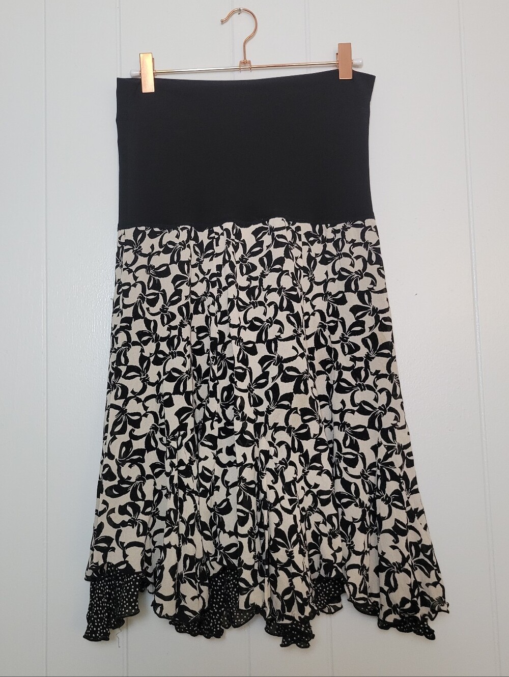 CAbi Reversible Skirt Foldover Waist Rayon Bows Polka Dot Print Midi Coquette S